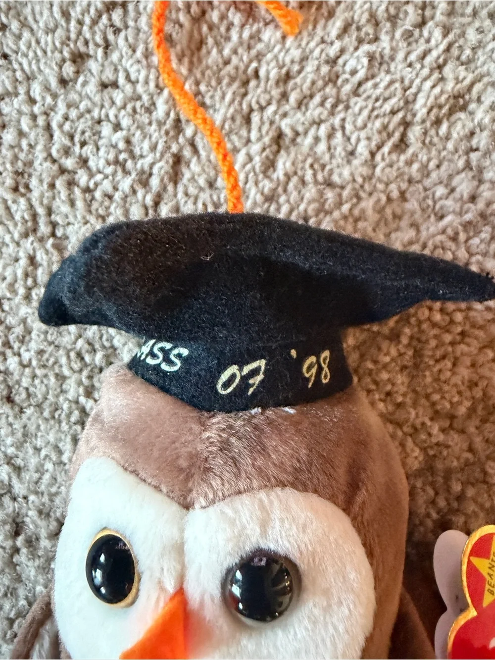 NWT Ty Brown & Cream Plush Beanie Baby Owl with Graduation Cap - Wise 5/31/1997.